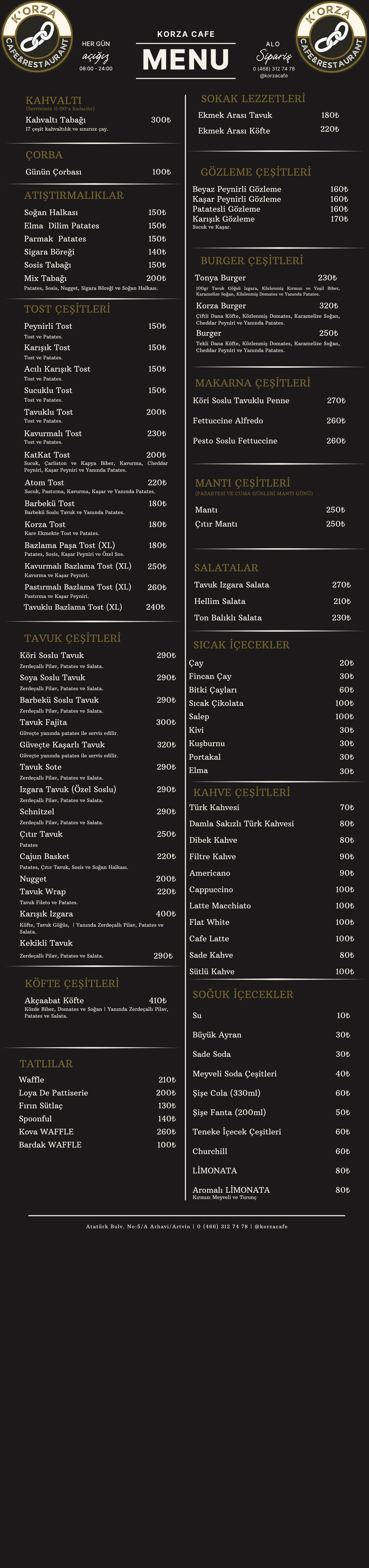 Korza Cafe Restaurant Yiyecek ve İçecek Menüsü Fiyat Listesi